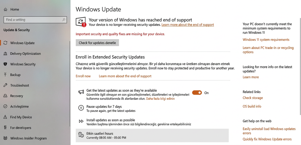 Windows Update showing Windows 10 end of support and Extended Security Updates