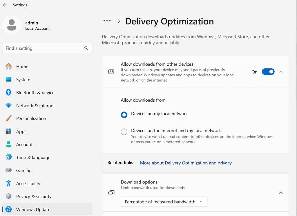 Windows 11 Delivery Optimization settings