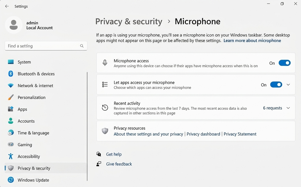 Windows 11 Privacy and Security app permission settings