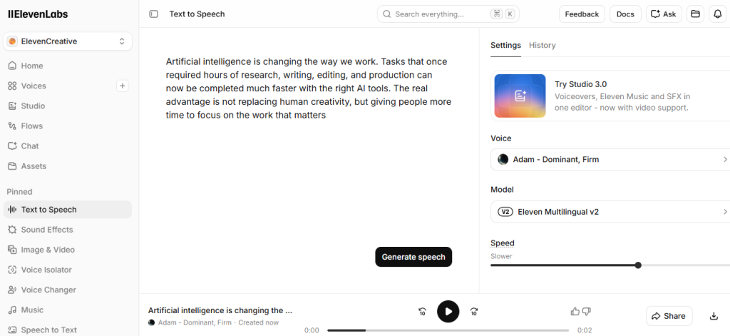 ElevenLabs generating AI voice narration from text