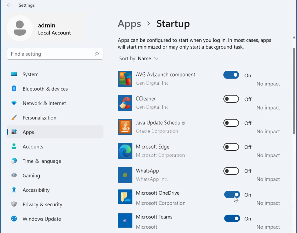 Windows 11 Startup Apps settings with startup application controls